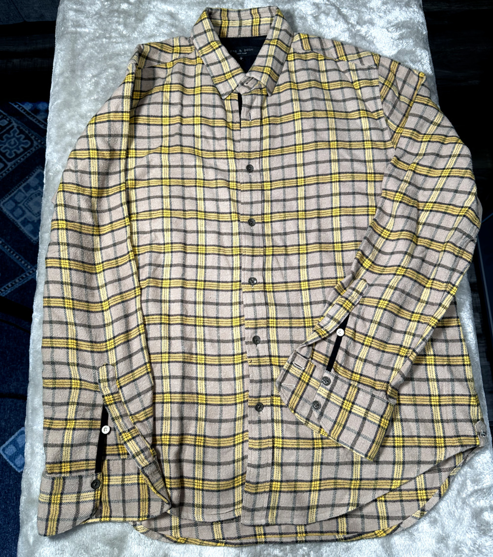 Rag & Bone Black Yellow Tan Button Up Cotton Flannel Dress Shirt Mens Size L